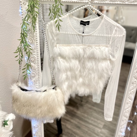 PrettyLittleThing Tops - White Feather Mesh Long Sleeve Top